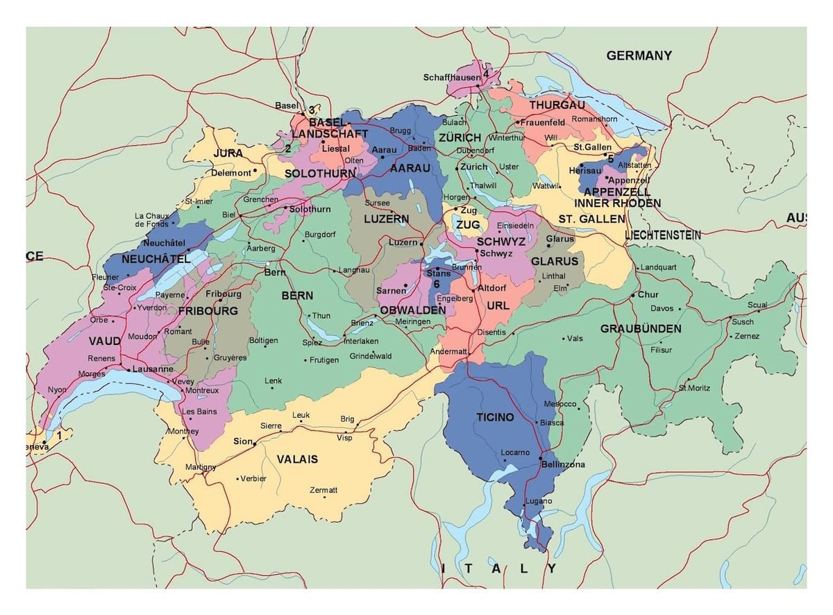 карта на Швейцария с градовете