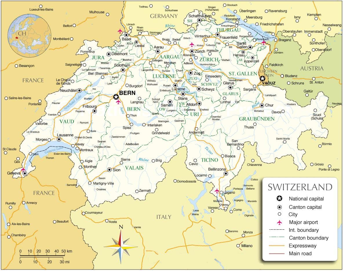 международни летища Швейцария на картата