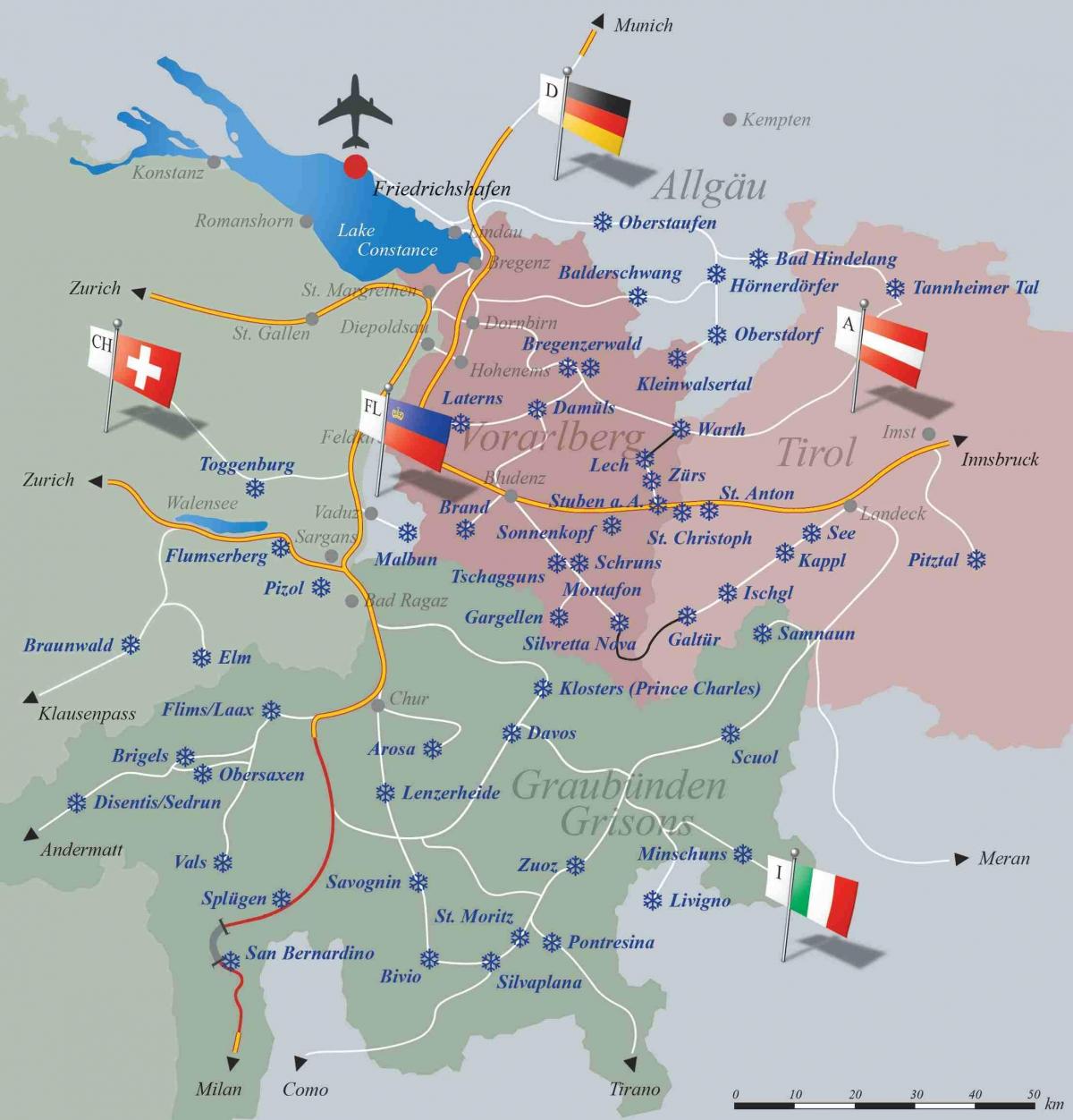 ски курорти в Швейцария на картата